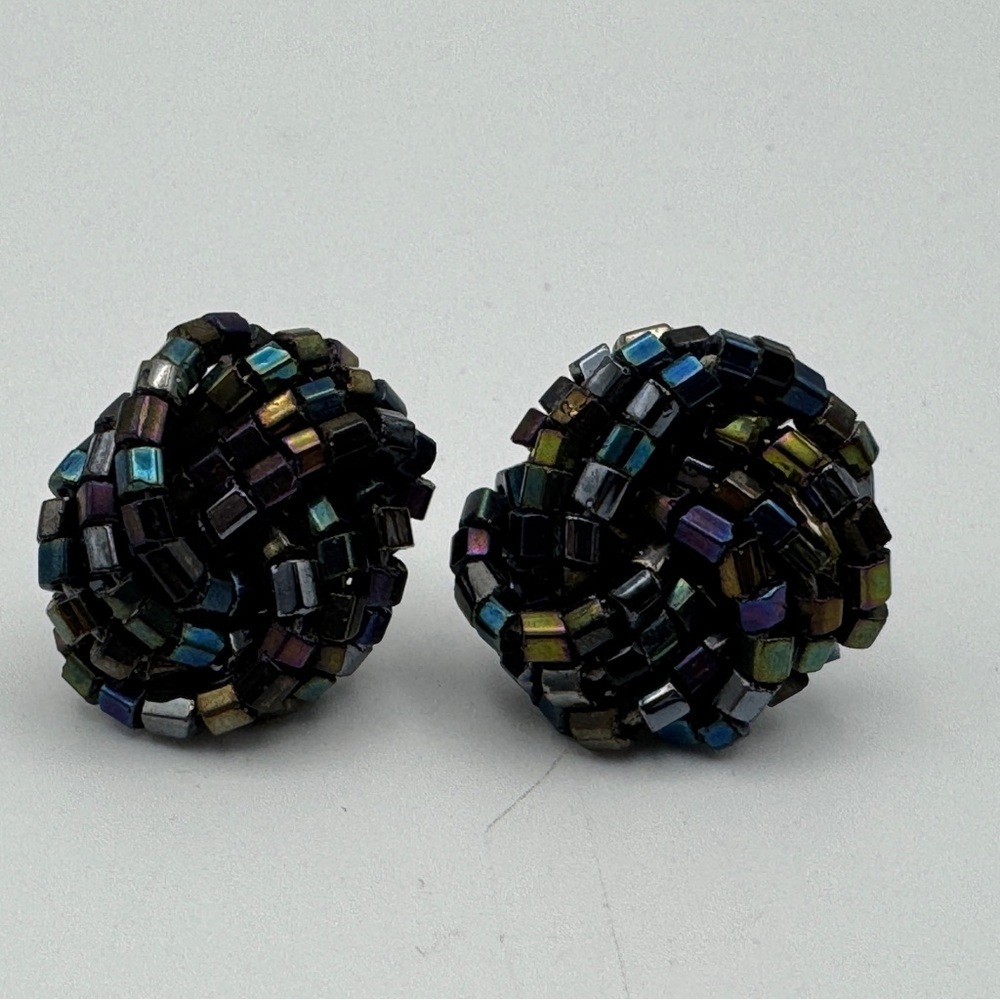 Beaded Knot Stud Earrings .75” Iridescent Black Multicolor